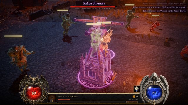 A Fallen Shaman lays Weaken on an Arrow Tower; its rune circle marks the towers caught