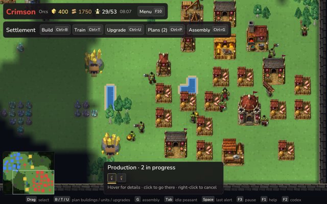 An orc settlement eight minutes in: pig farms, war camp, forge, kennels and sawmill